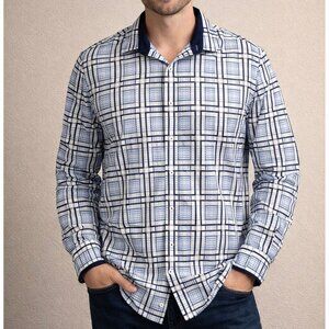Tasso Elba men's casual dress Shirt button up/down 2 tone blue/white plaid SZ XL